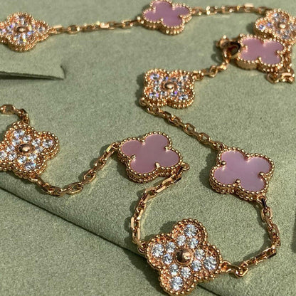 [baslovejewels]CLOVER 10 MOTIFS DIAMOND PINK MOP NECKLACE