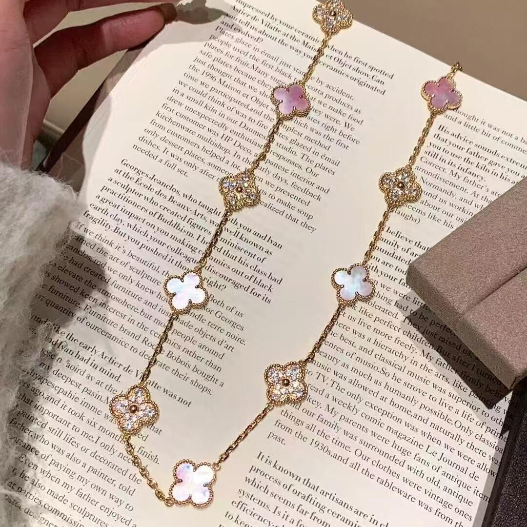[baslovejewels]CLOVER 20 MOTIFS DIAMOND PINK MOP NECKLACE