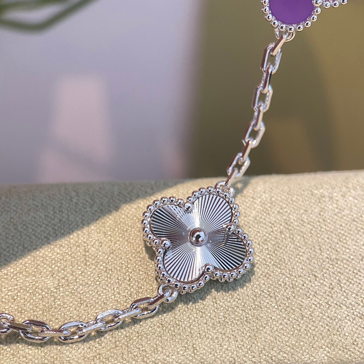[baslovejewels]CLOVER  5 MOTIFS  PURPLE VIOLET BRACELET SILVER