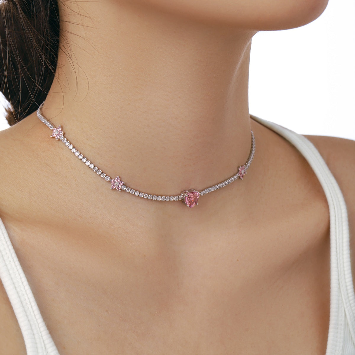 [baslovejewels]Dazzling Pink Heart Flower Necklace