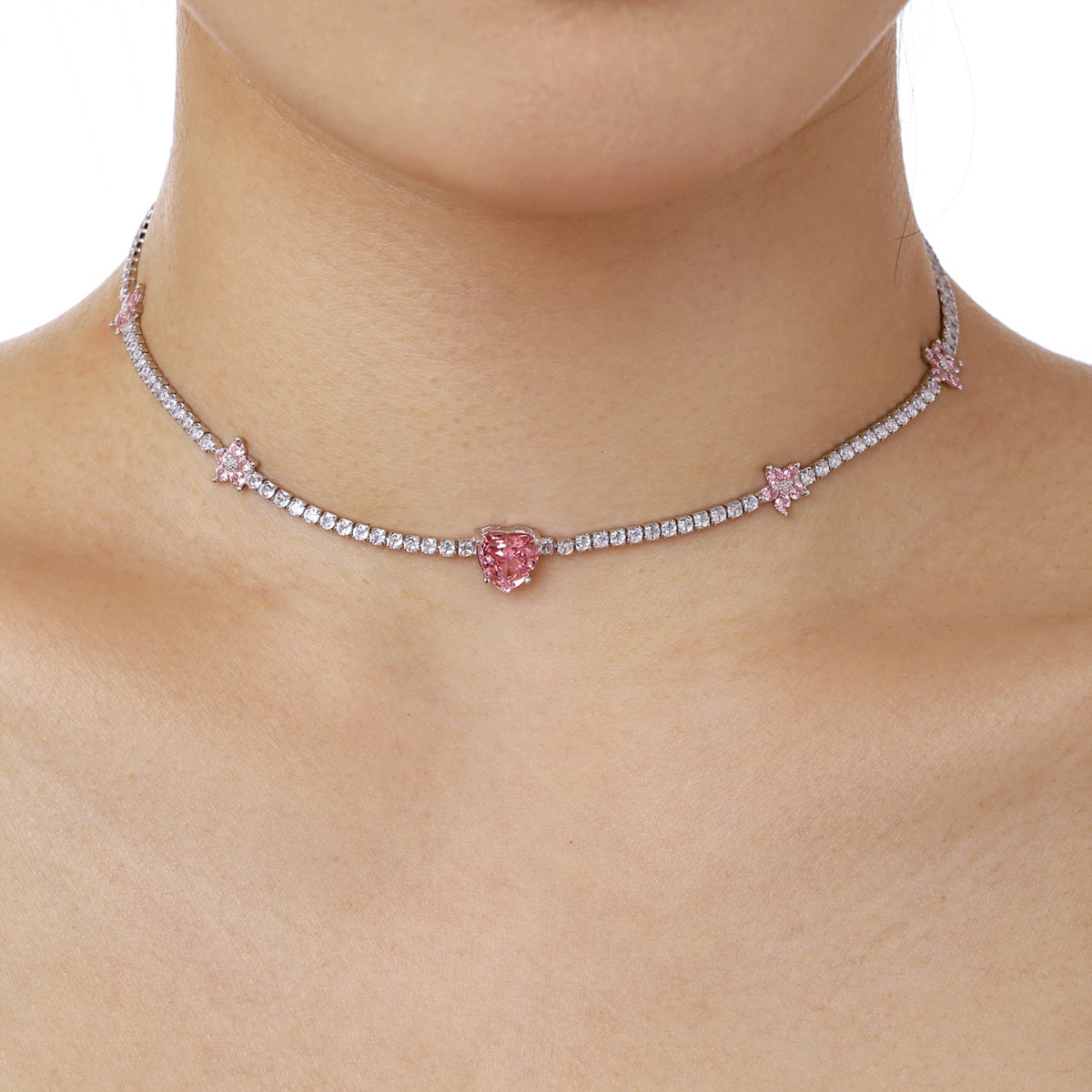 [baslovejewels]Dazzling Pink Heart Flower Necklace