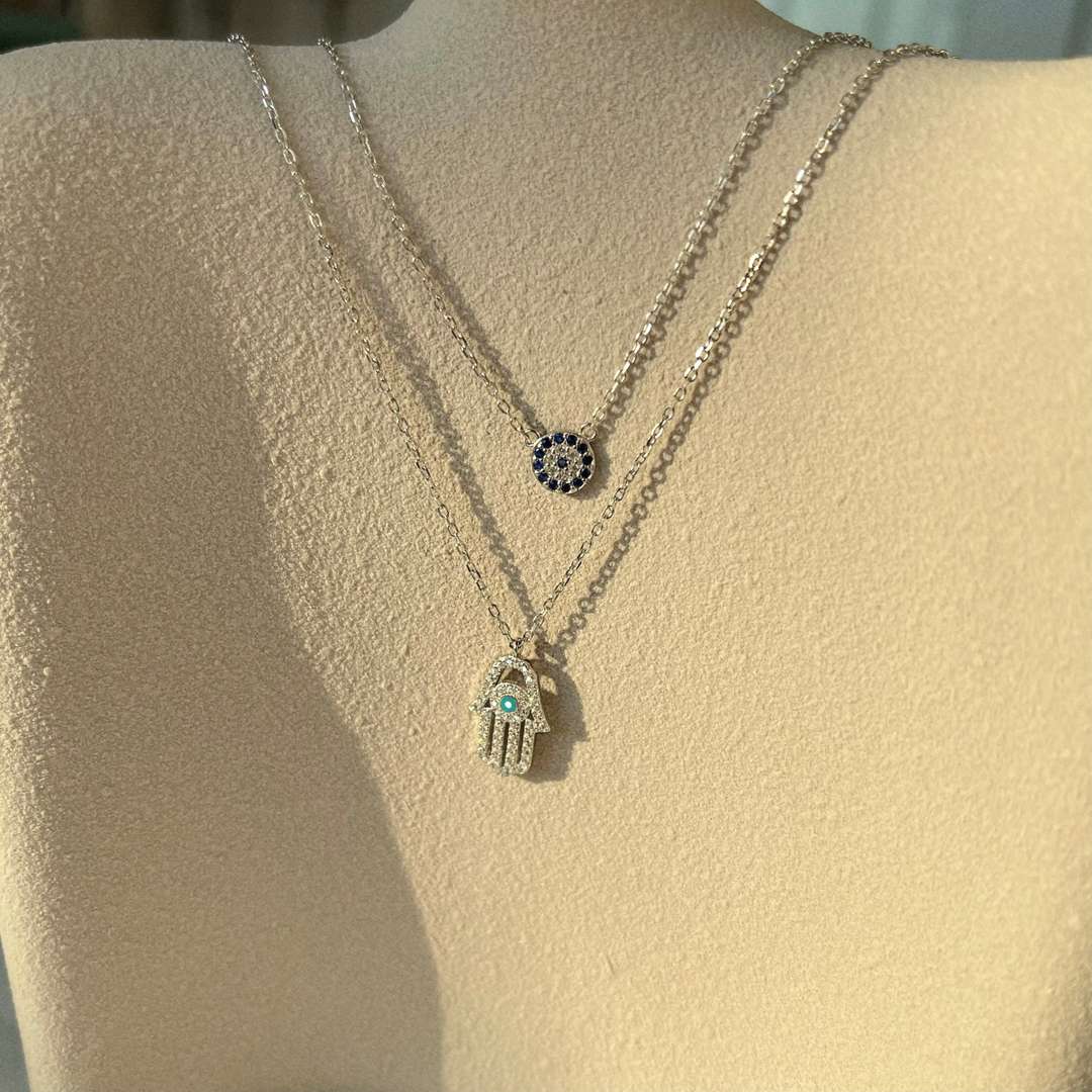[baslovejewels]Demon Eye Hamsa Palm Necklace
