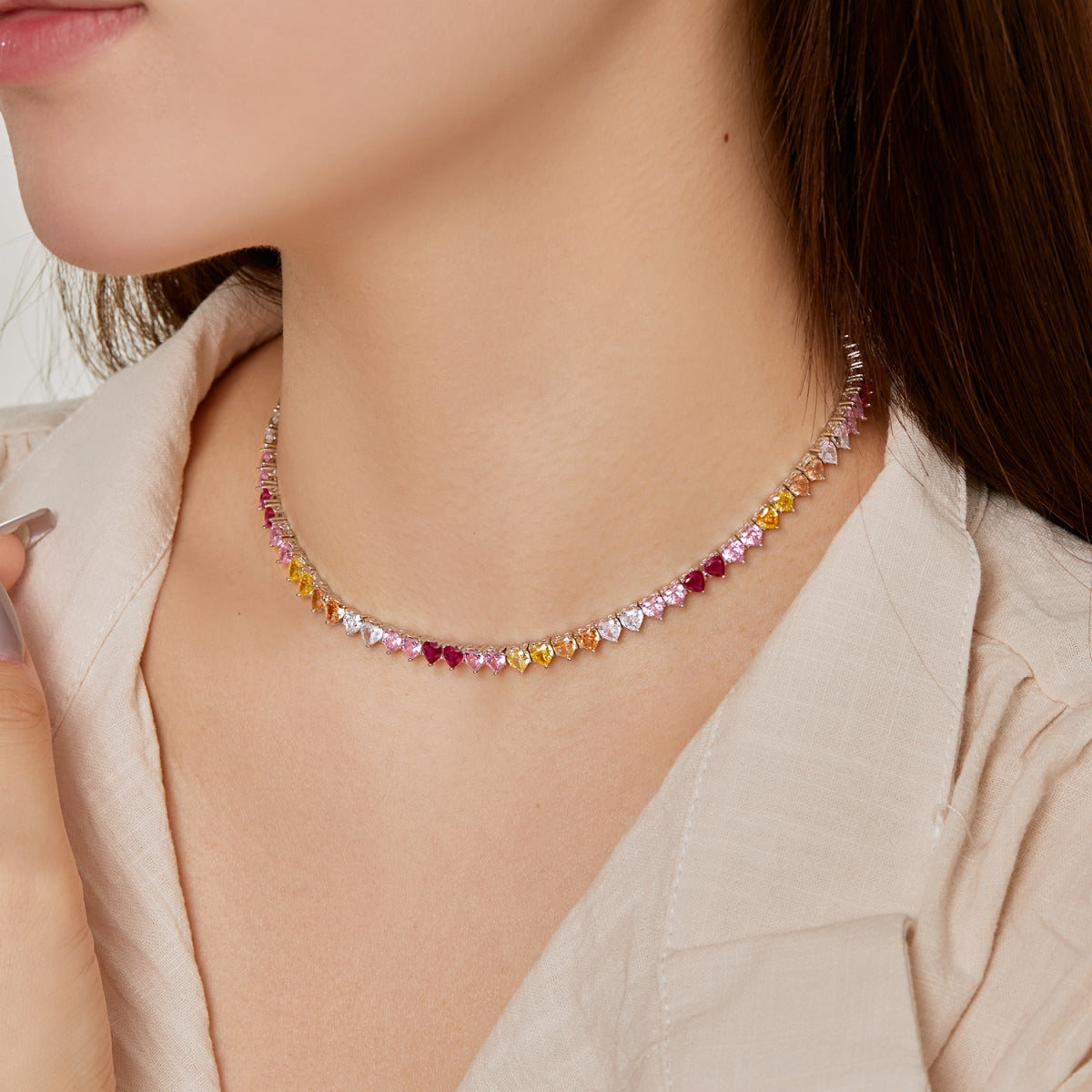 [baslovejewels]Sparkling Colorful Full Heart Tennis Necklace