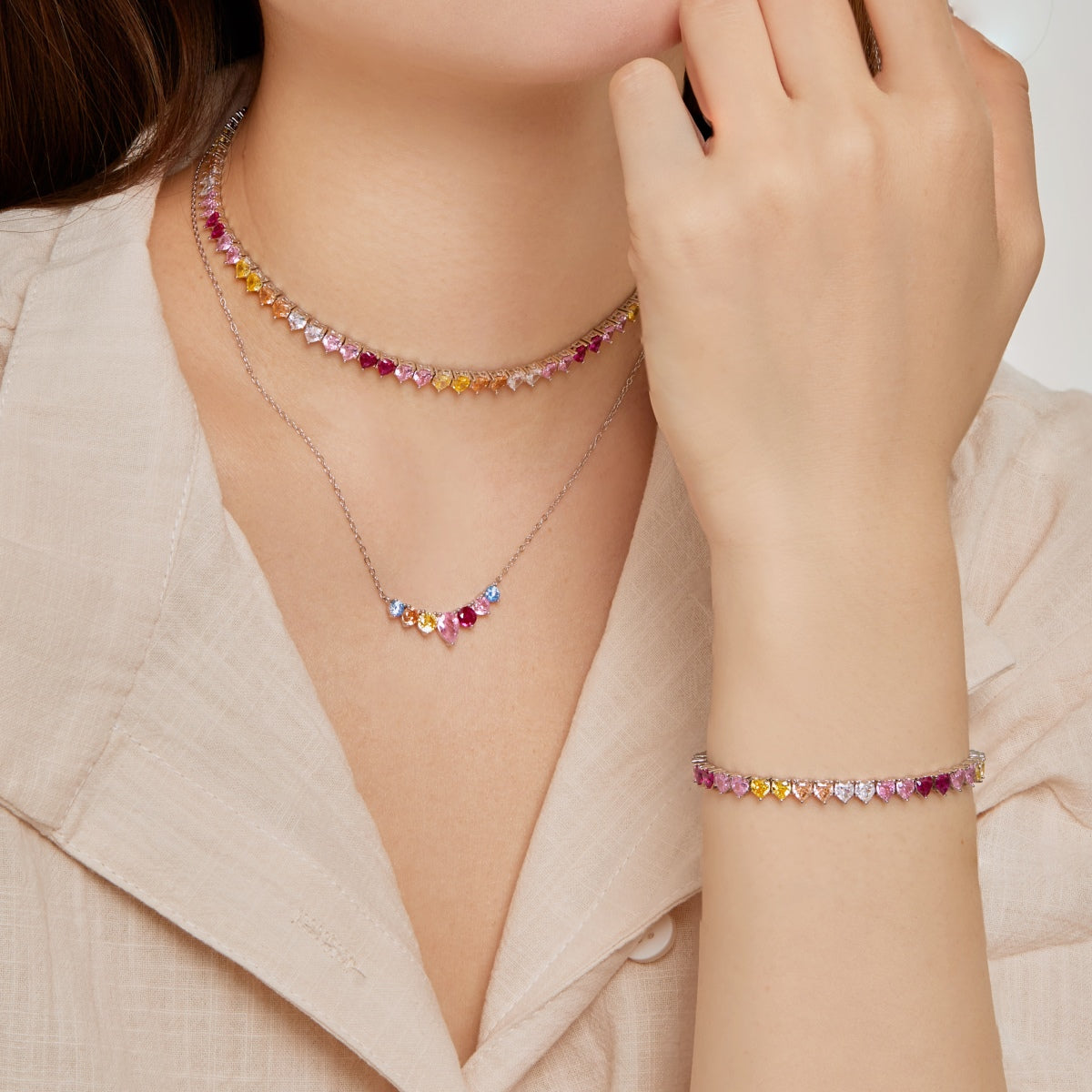 [baslovejewels]Sparkling Colorful Full Heart Tennis Necklace