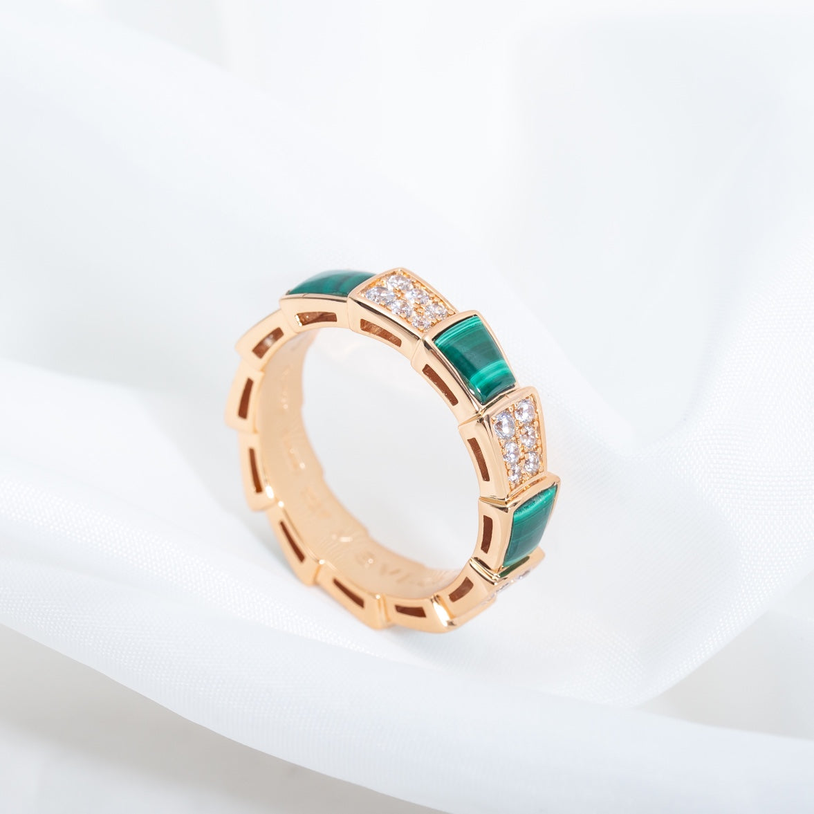 [baslovejewels]SERPENTI RING PINK GOLD MALACHITE DIAMOND PAVED 4MM