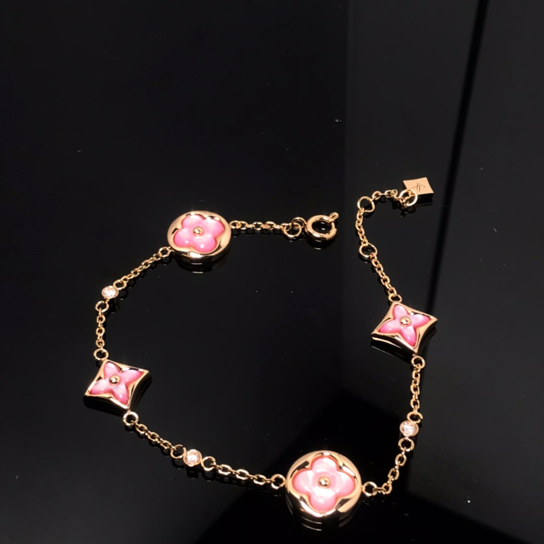 [baslovejewels]STAR AND SUN 4 MOTIF PINK MOP PINK GOLD BRACELET