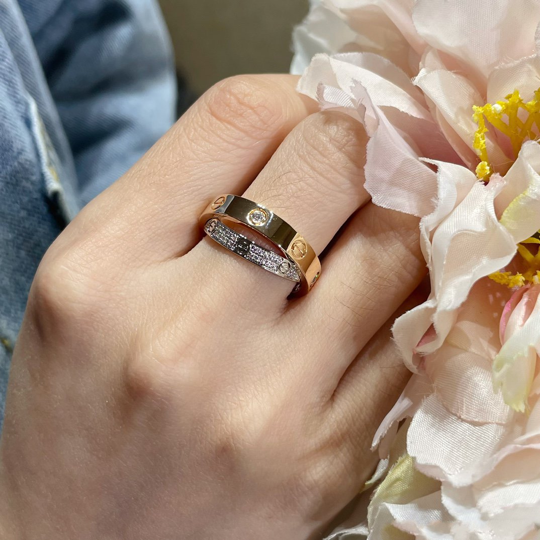 [baslovejewels]LOVE PINK GOLD SILVER DIAMOND DOUBLE RING