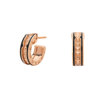 [baslovejewels]ZERO 1 ROCK PINK GOLD EARRINGS WITH STUDDED SPIRAL AND BLACK CERAMIC