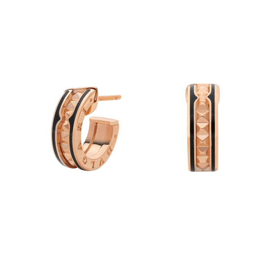 [baslovejewels]ZERO 1 ROCK PINK GOLD EARRINGS WITH STUDDED SPIRAL AND BLACK CERAMIC