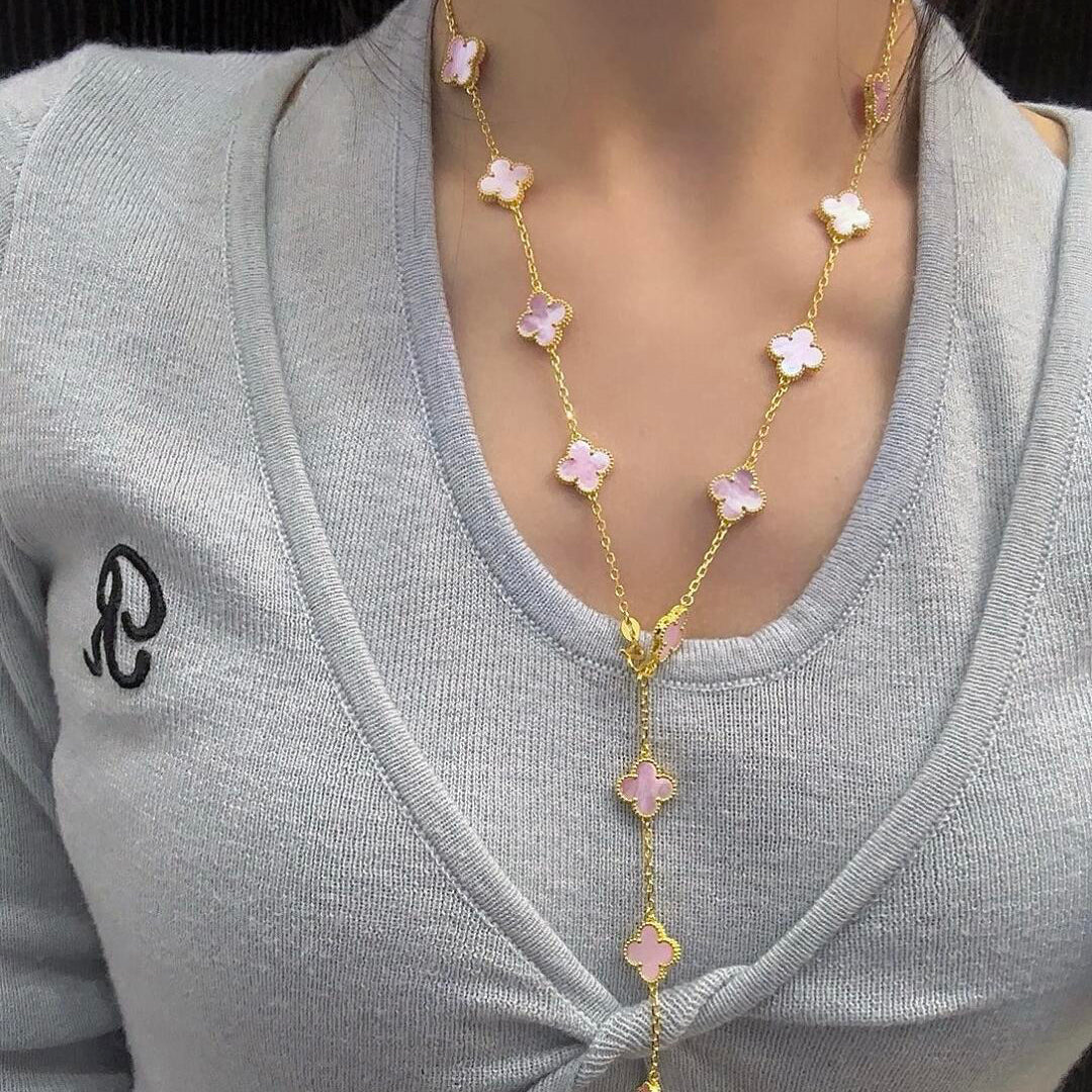 [baslovejewels]CLOVER 20 MOTIFS PINK MOP NECKLACE