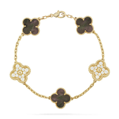 [baslovejewels]CLOVER 5 MOTIF GRAY MOP DIAMOND BRACELET