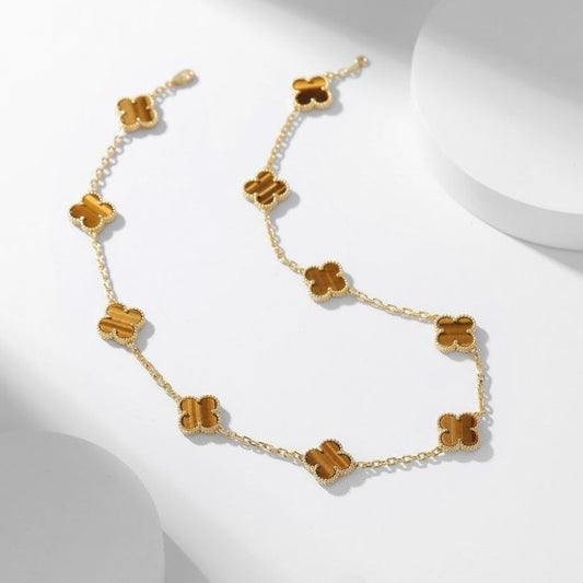 [basloveJW]CLOVER 10 MOTIFS TIGER EYE NECKLACE