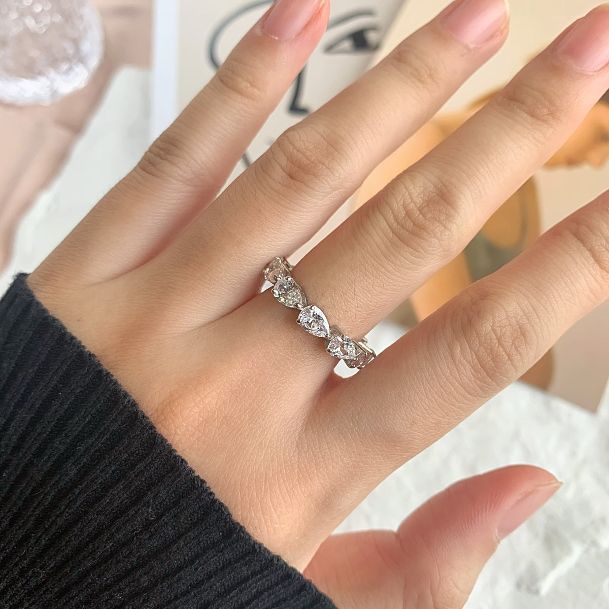 [baslovejewels]Exquisite Pear Cut Tennis Ring